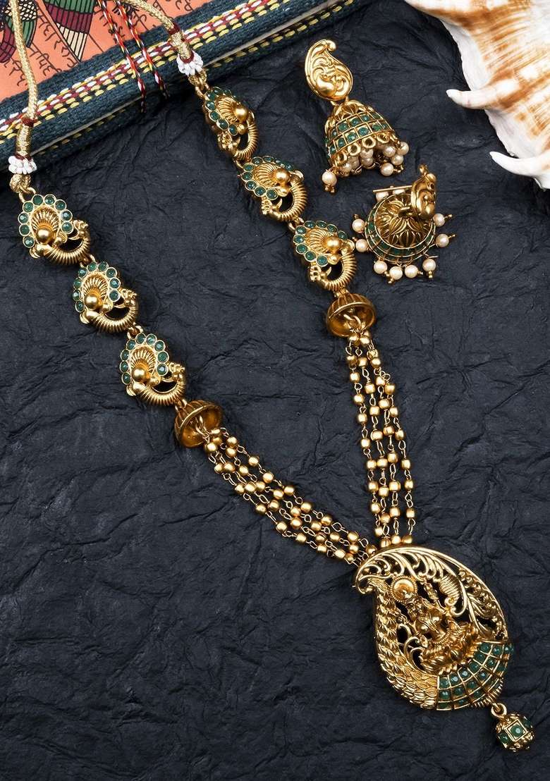 Gold Plated Stone Studded And Beaded Temple Jewellery Set - Indya