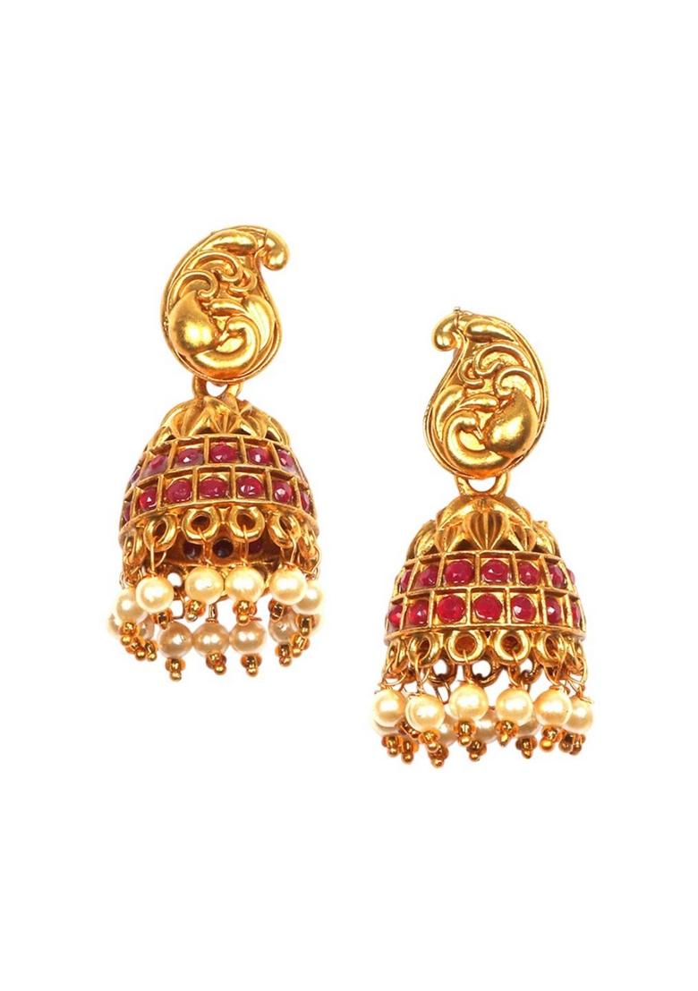 Gold Plated Stone Studded Temple Jewellery Set - Indya