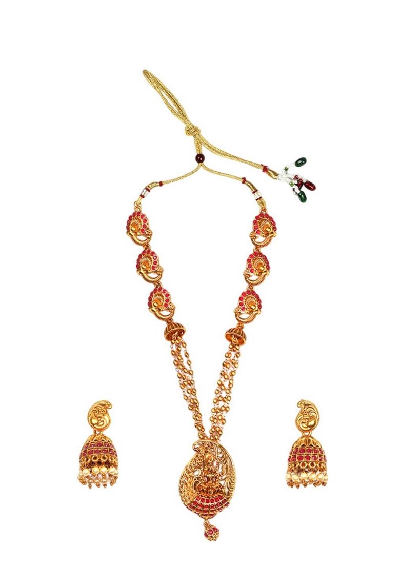 Gold Plated Stone Studded Temple Jewellery Set - Indya