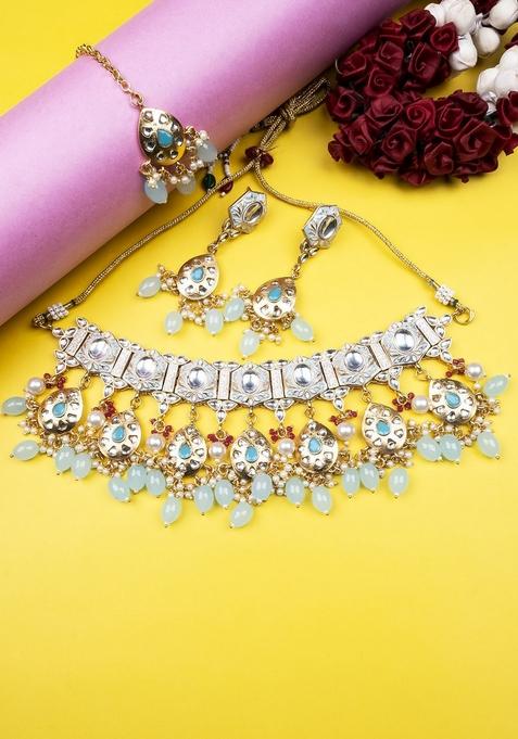 Gold Plated Stone Studded And Beaded Necklace Set