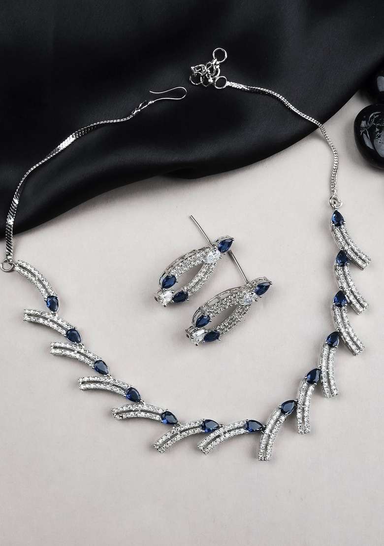 Sleek Silver Plated American Diamond Studded Jewellery Set - Indya