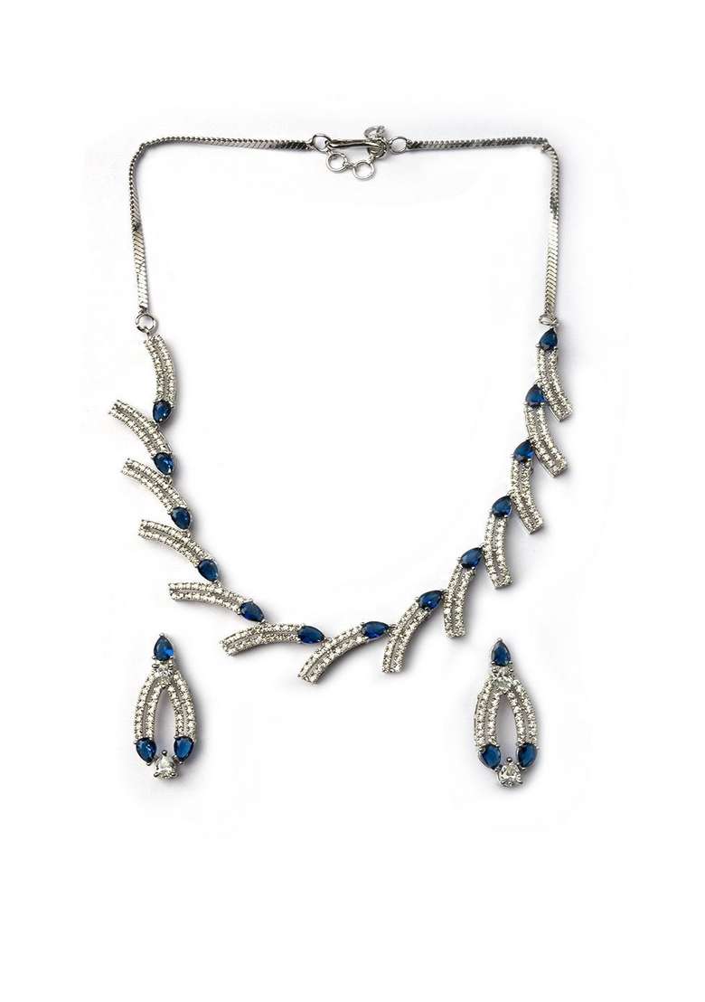 Sleek Silver Plated American Diamond Studded Jewellery Set - Indya