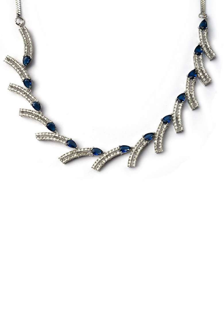 Sleek Silver Plated American Diamond Studded Jewellery Set - Indya