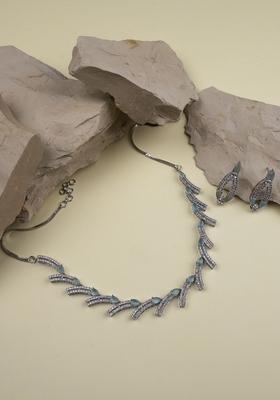Sleek Silver Plated Turquoise American Diamond Studded Jewellery Set