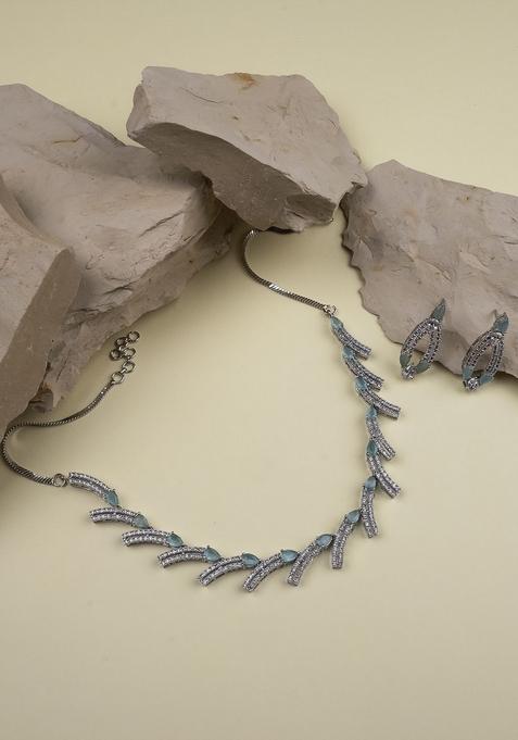 Sleek Silver Plated Turquoise American Diamond Studded Jewellery Set