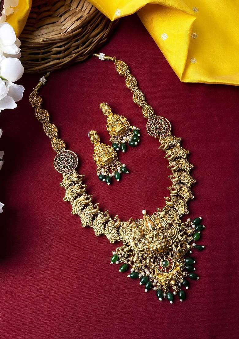 Gold Plated Stone Studded And Beaded Temple Jewellery Set - Indya