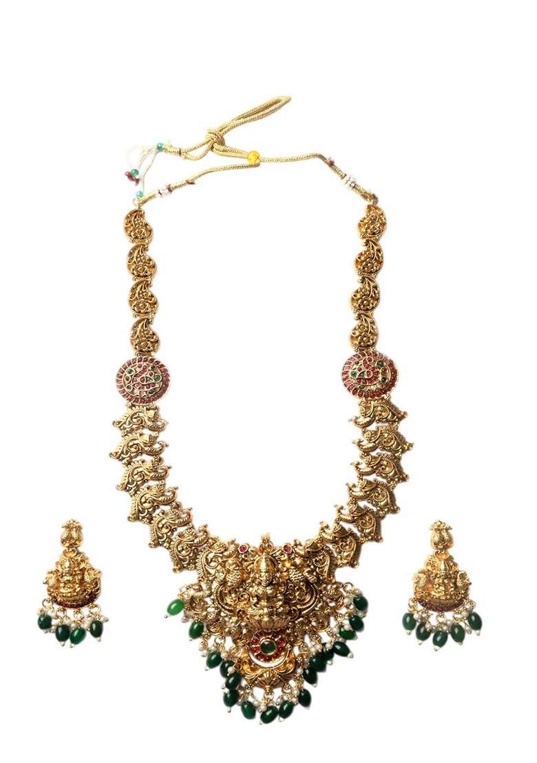 Gold Plated Stone Studded And Beaded Temple Jewellery Set - Indya