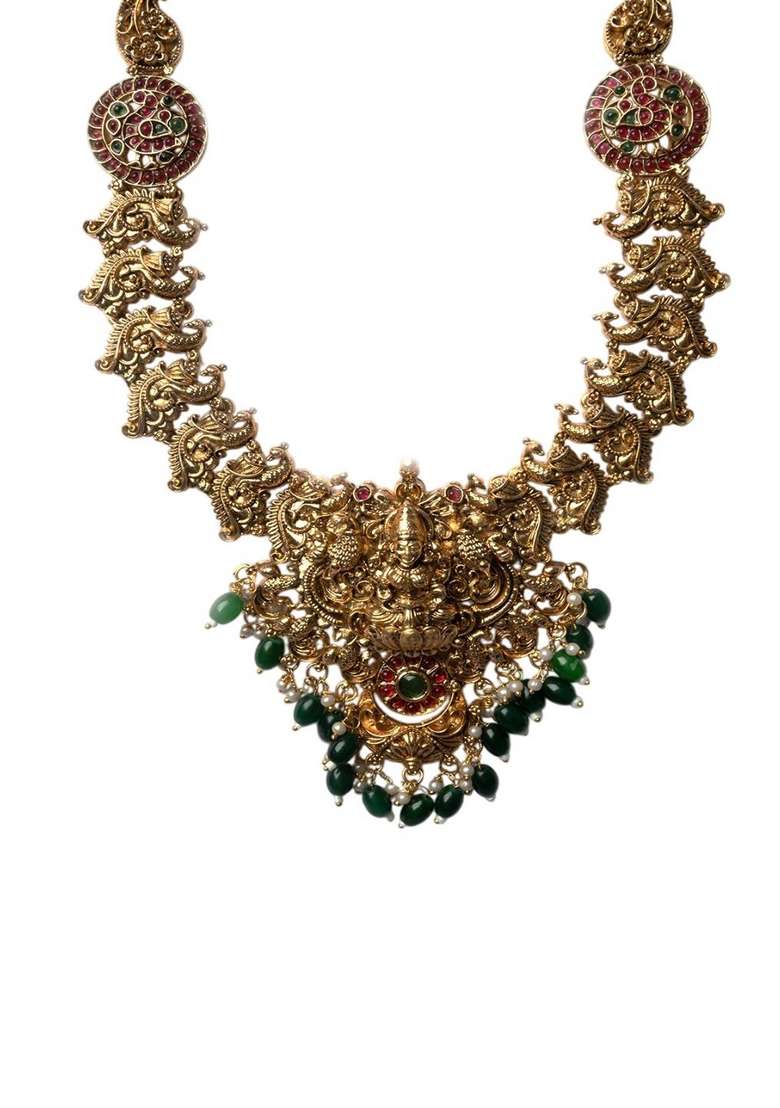 Gold Plated Stone Studded And Beaded Temple Jewellery Set - Indya