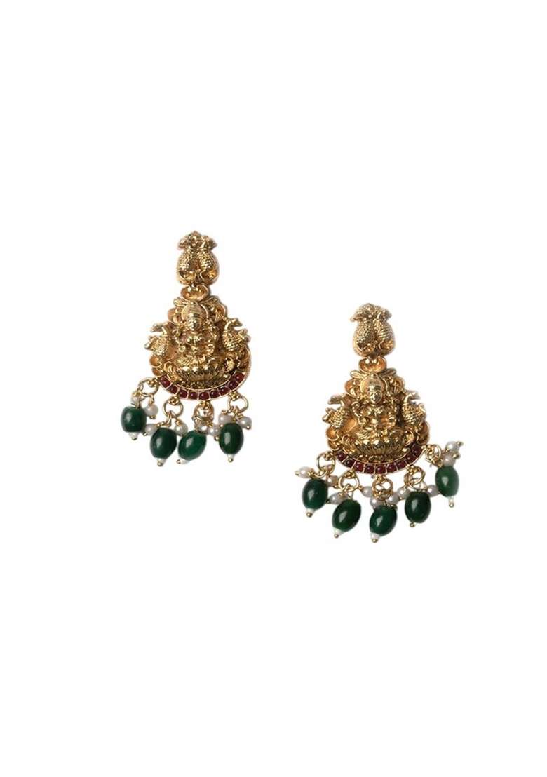 Gold Plated Stone Studded And Beaded Temple Jewellery Set - Indya