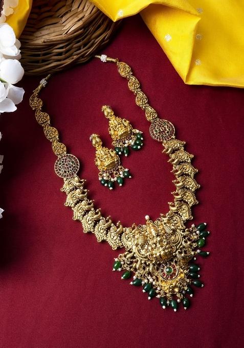 Gold Plated Stone Studded And Beaded Temple Jewellery Set