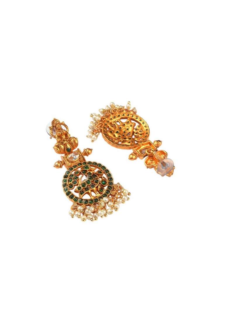 Kemp Pushp Chakra Gold Plated Stones Studded And Beaded Temple Jewellery Set - Indya