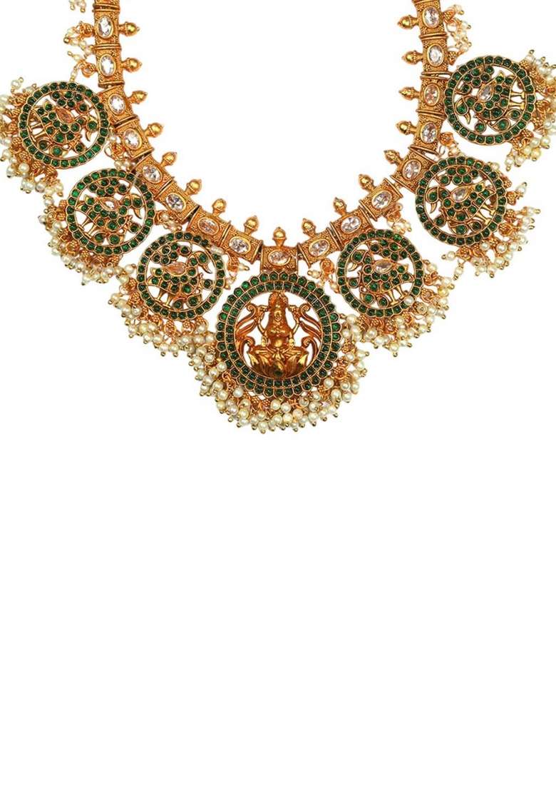 Kemp Pushp Chakra Gold Plated Stones Studded And Beaded Temple Jewellery Set - Indya