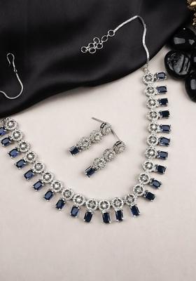 Silver Plated American Diamond Studded Square Shaped Jewellery Set