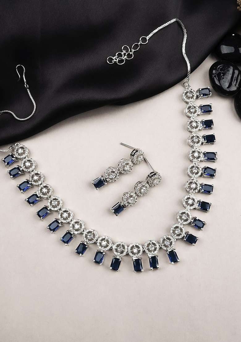 Silver Plated American Diamond Studded Square Shaped Jewellery Set - Indya