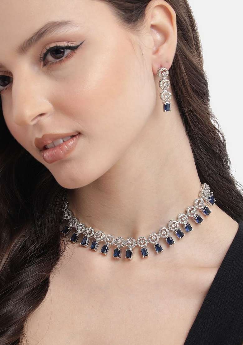 Silver Plated American Diamond Studded Square Shaped Jewellery Set - Indya