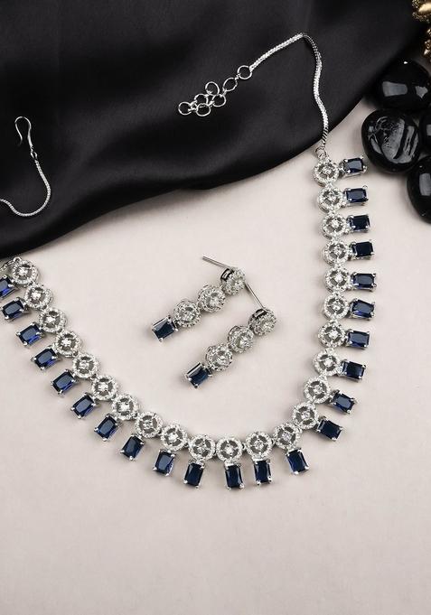 Silver Plated American Diamond Studded Square Shaped Jewellery Set