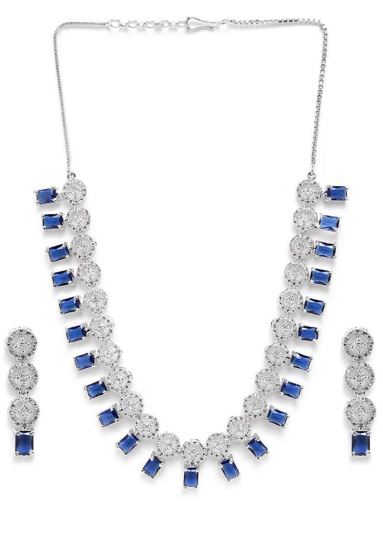 Silver Plated Ad Studded Necklace And Earrings Set - Indya