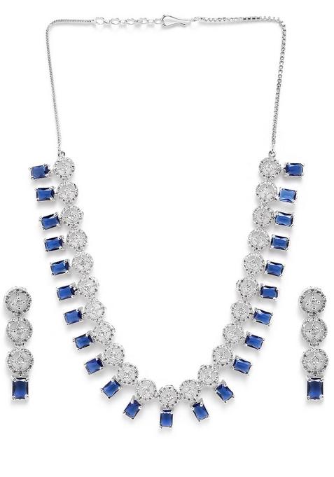 Silver Plated Ad Studded Necklace And Earrings Set