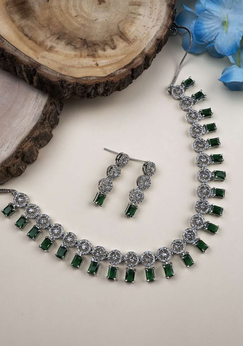 Silver Plated American Diamond Studded Square Shaped Jewellery Set - Indya