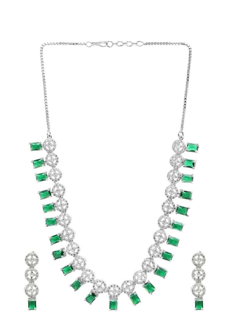Silver Plated American Diamond Studded Square Shaped Jewellery Set - Indya