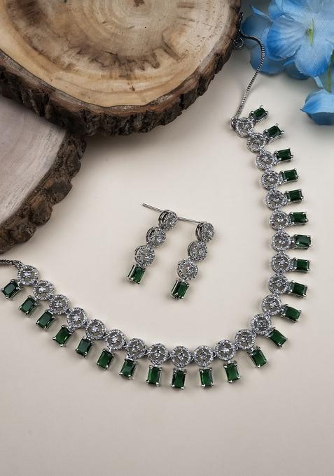 Silver Plated American Diamond Studded Square Shaped Jewellery Set