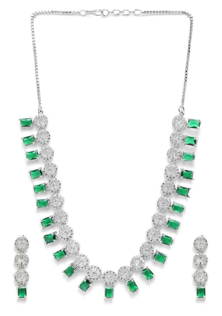 Silver Plated Ad Studded Necklace And Earrings Set - Indya