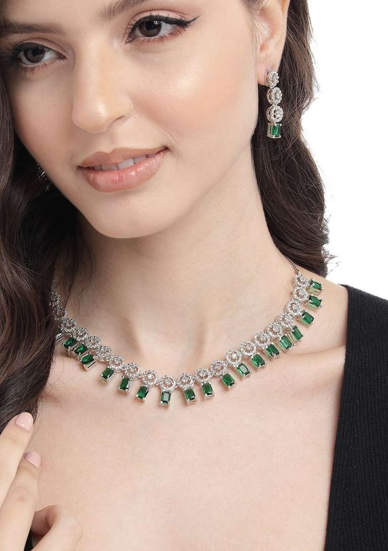Silver Plated Ad Studded Necklace And Earrings Set - Indya