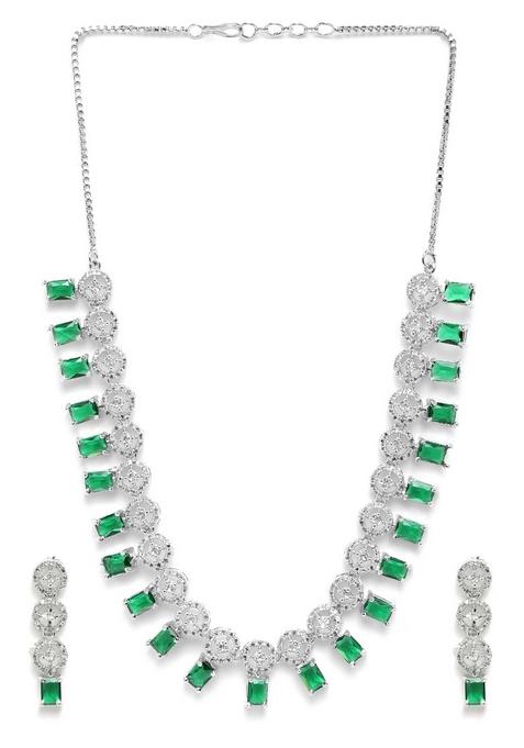 Silver Plated Ad Studded Necklace And Earrings Set