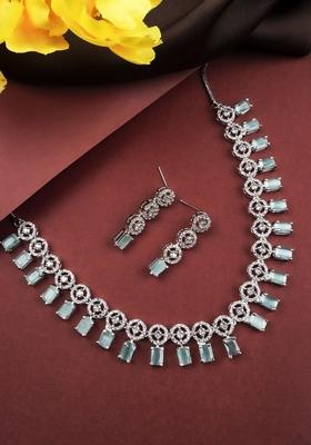Silver Plated American Diamond Studded Square Shaped Jewellery Set