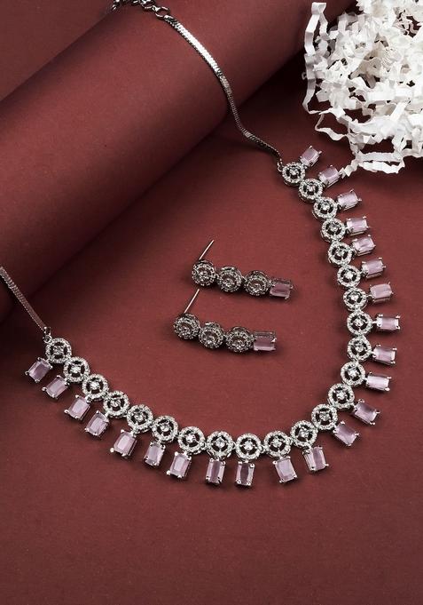 Silver Plated American Diamond Studded Square Shaped Jewellery Set