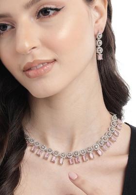 Silver Plated Ad Studded Necklace And Earrings Set