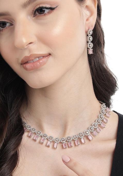 Silver Plated Ad Studded Necklace And Earrings Set