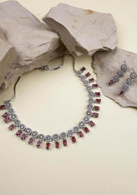 Silver Plated American Diamond Studded Square Shaped Jewellery Set