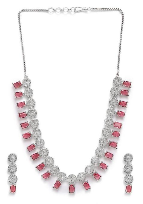 Silver Plated Ad Studded Necklace And Earrings Set