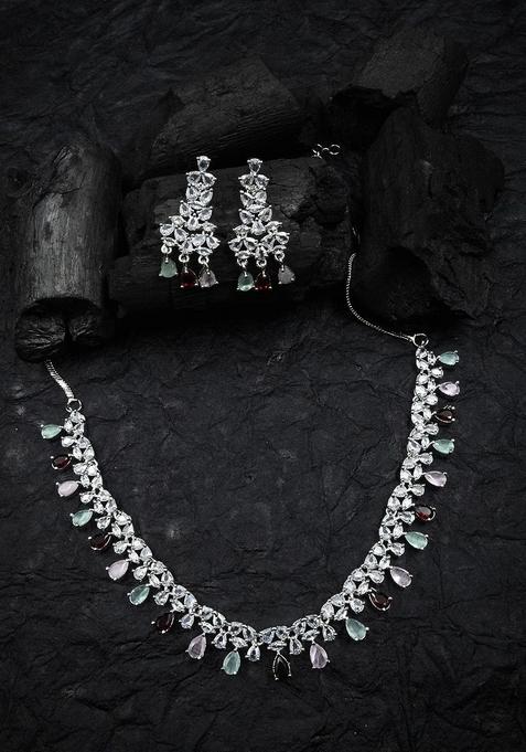 Silver Plated Cubic Zirconia Stone Studded Jewellery Set