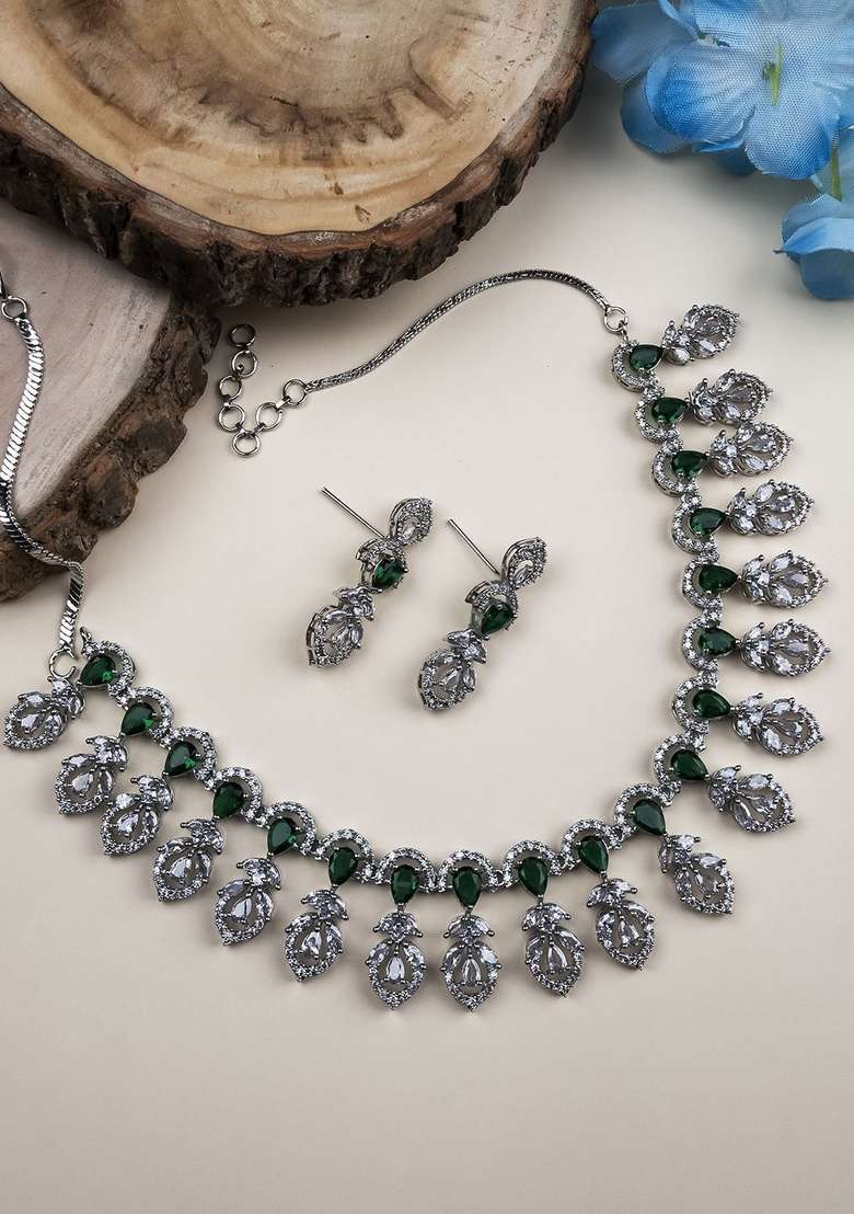 Sliver Plated Cubic Zirconia Studded Jewellery Set - Indya