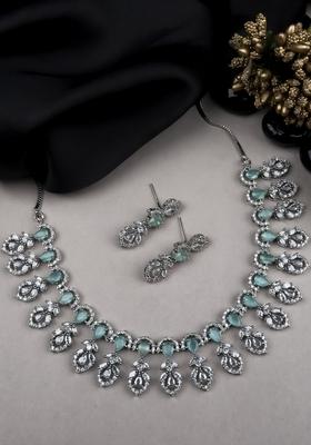 Elegant Silver Plated Turquoise American Diamond Studded Jewellery Set