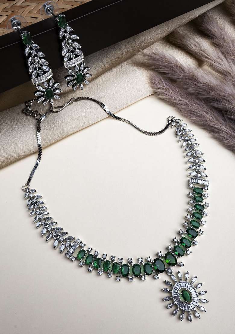 Silver Plated American Diamond Studded Necklace Set - Indya