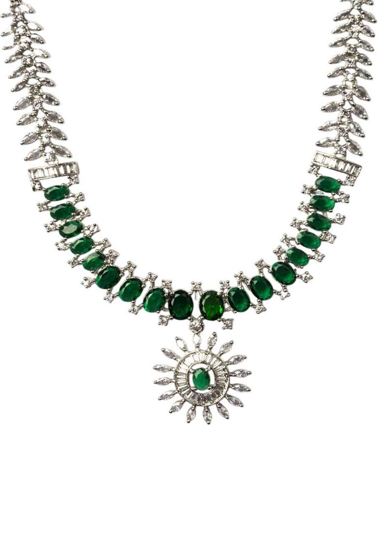 Silver Plated American Diamond Studded Necklace Set - Indya