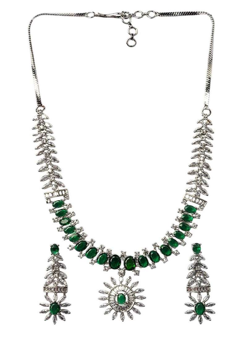 Silver Plated American Diamond Studded Necklace Set - Indya