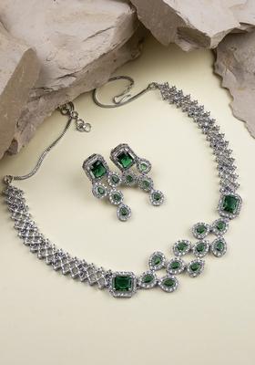 Silver Plated American Diamond Studded Leaf Shaped Jewellery Set