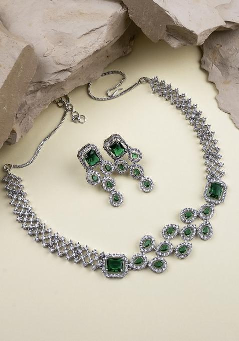 Silver Plated American Diamond Studded Leaf Shaped Jewellery Set