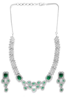 Silver Plated Ad Studded Necklace And Earrings Set