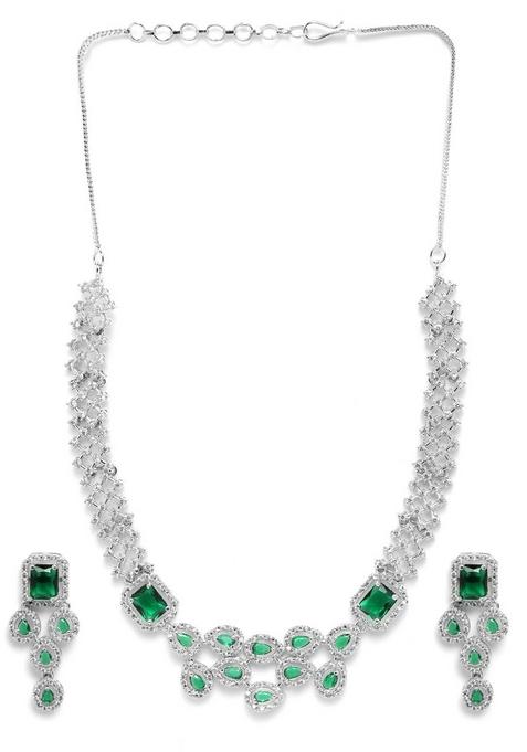 Silver Plated Ad Studded Necklace And Earrings Set