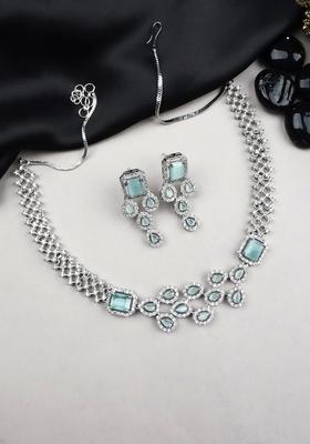 Silver Plated American Diamond Studded Leaf Shaped Jewellery Set