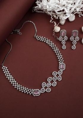 Silver Plated American Diamond Studded Leaf Shaped Jewellery Set