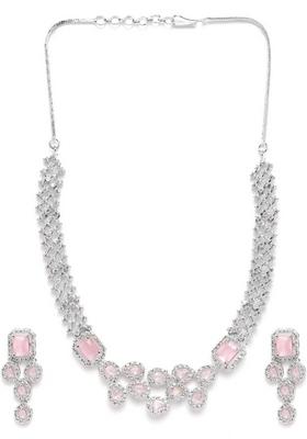 Silver Plated Ad Studded Necklace And Earrings Set