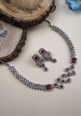 Silver Plated American Diamond Studded Leaf Shaped Jewellery Set