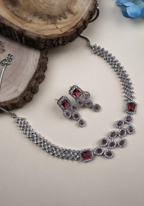 Silver Plated American Diamond Studded Leaf Shaped Jewellery Set