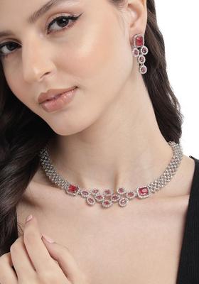 Silver Plated Ad Studded Necklace And Earrings Set